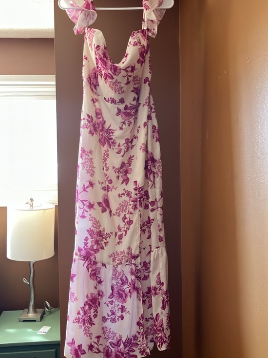 Park & Fifth Dresses & Skirts - Park & Fifth White Maxi Dress with Fuchsia Floral Print and Ruffle Straps